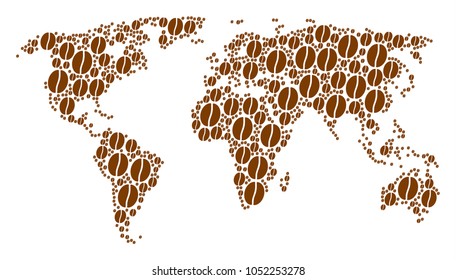 Global geography map composition constructed of coffee bean design elements. Vector coffee bean icons are composed into conceptual international plan.