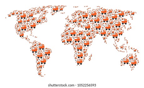 Global geography map composition created of baby carriage pictograms. Vector baby carriage icons are united into mosaic worldwide composition.