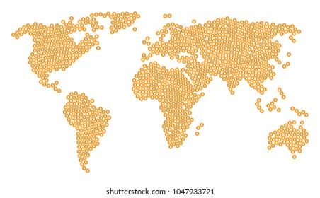 Global geography map concept combined of bitcoin coin elements. Vector bitcoin coin pictograms are united into mosaic continent plan.