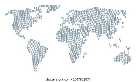 Global geography map mosaic composed of calculator elements. Vector calculator icons are combined into geometric continental map.