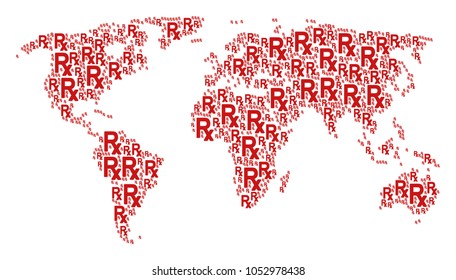 Global geography map mosaic created of rx symbol icons. Vector rx symbol design elements are composed into mosaic international plan.