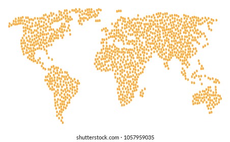 Global geography mosaic map combined of bitcoin elements. Vector bitcoin scatter flat icons are composed into geometric world collage.