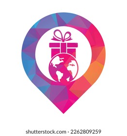 Global gift logo design template vector. Gift world map pin shape logo icon template.