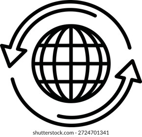Globo global com setas circulares ícone vetor. Ícone da linha de rede global. Ilustração vetorial da terra para logística mundial e reciclagem Negócios, tecnologia, web, ecologia e viagens.