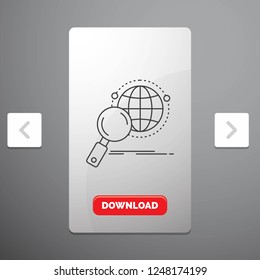 global, globe, magnifier, research, world Line Icon in Carousal Pagination Slider Design & Red Download Button