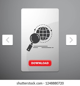 global, globe, magnifier, research, world Glyph Icon in Carousal Pagination Slider Design & Red Download Button