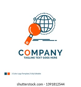 global, globe, magnifier, research, world Logo Design. Blue and Orange Brand Name Design. Place for Tagline. Business Logo template.