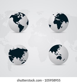 Global Globe Set – 2×2 Grid of Earth Views Highlighting Americas, Europe-Africa, Asia, and Australia. A 2×2 grid of stylized globes, each displaying a different region of the Earth. The top-left globe highlights North and South America, the top-right shows Europe and Africa, the bottom-left presents Asia, and the bottom-right features Australia and parts of Southeast Asia. Set against a faint world map background, this segmented and regionally accurate vector layout is ideal for use in geographic infographics, educational materials, global presentations, and editorial visuals. Suitable for both commercial and editorial use across print and digital platforms.