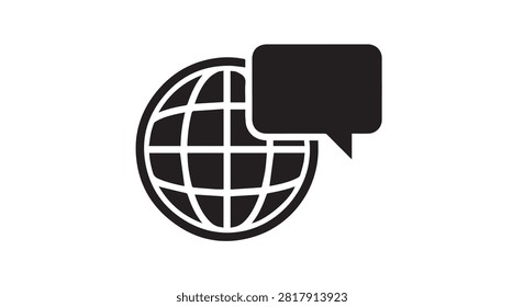 Global globe with a speech bubble representing communication and worldwide messaging icon.