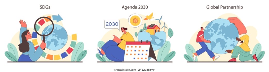 Global goals exploration, 2030 Agenda awareness, and partnership visuals set. Scrutiny of world objectives. Planning for a brighter future. United efforts for Earth's care. Flat vector illustration.