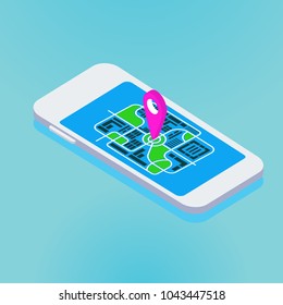 Global GPS navigation in a mobile phone. Flat vector cartoon illustration. Objects isolated on blue background.