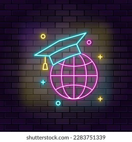 Global, graduate hat neon icon. Education neon icon on dark brick wall background