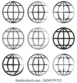 Global grid icon. Abstract world vector. Geometric globe shape. Black and white contrast.