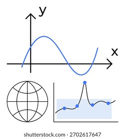 Curva senoidal de grade global no gráfico de linhas de plano cartesiano. Ideal para análise, ciência de dados, estatística, negócios, finanças, tecnologia, educação. Metáfora de linha