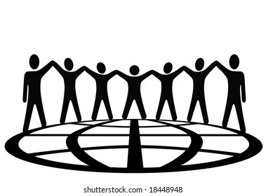 A global group of symbol people hold up their arms and hold hands around a globe in a spirit of togetherness.