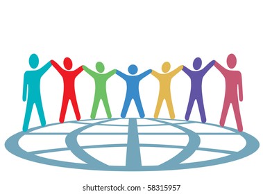 A global group of symbol people hold up their arms and hold hands around a globe in a spirit of togetherness.