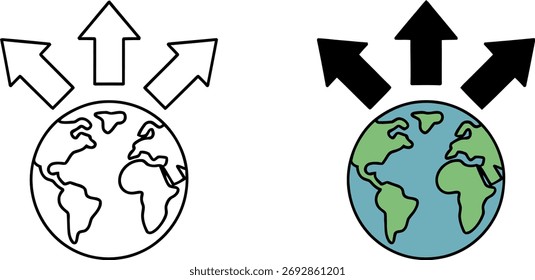 Global Growth and Expansion Arrows Pointing Upward in Two Graphic Earth Representations