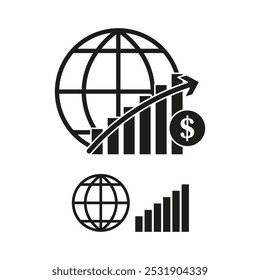 Global growth icon. Financial graph symbol. Dollar and globe image. Black vector.