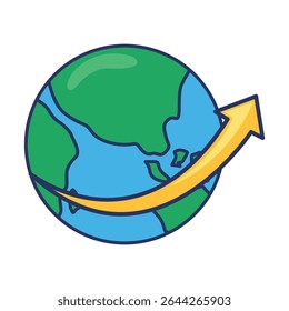 Global Growth Icon – Flat Earth Illustration with Upward Arrow Representing International Business and Expansion