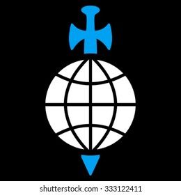 Global Guard vector icon. Style is bicolor flat symbol, blue and white colors, rounded angles, black background.