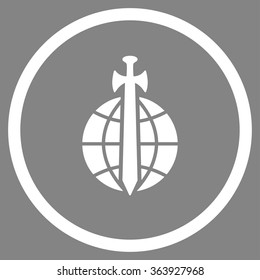 Global Guard vector icon. Style is flat circled symbol, white color, rounded angles, gray background.