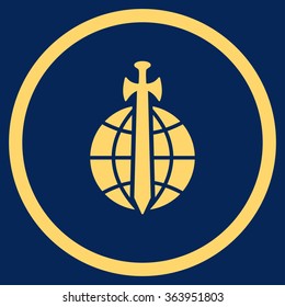 Global Guard vector icon. Style is flat circled symbol, yellow color, rounded angles, blue background.