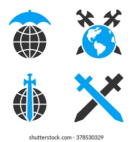 Global Guard vector icons. Style is flat bicolored symbols painted with blue and gray colors on a white background, angles are rounded.