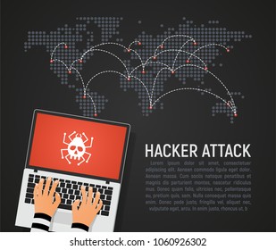 Global hacker attack world map vector illustration. World internet security in danger dark background in flat design. Hybrid network world wide war concept 