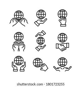 Global with hand icons set. Concept of safety, protection, cooperation, online and support. Line vector. Isolate on white background.