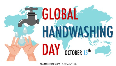 Global Hand washing Day logo with water from tap and map background illustration