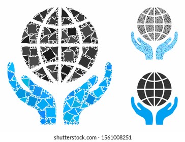 Global hands composition of bumpy items in various sizes and color tints, based on global hands icon. Vector abrupt items are combined into composition. Global hands icons collage with dotted pattern.