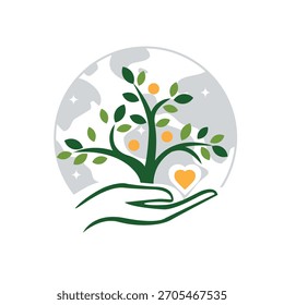 Globale Hände halten wachsenden Baum mit Herz, Erdbehandlungskonzept