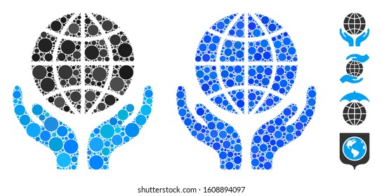 Global hands mosaic of round dots in variable sizes and color tones, based on global hands icon. Vector round dots are organized into blue collage. Dotted global hands icon in usual and blue versions.