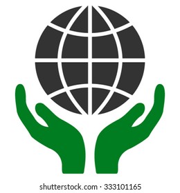 Global Hands vector icon. Style is bicolor flat symbol, green and gray colors, rounded angles, white background.