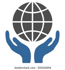 Global Hands vector icon. Style is bicolor flat symbol, cobalt and gray colors, rounded angles, white background.