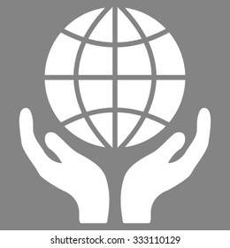 Global Hands vector icon. Style is flat symbol, white color, rounded angles, gray background.