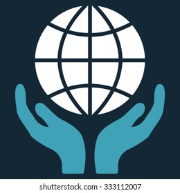 Global Hands vector icon. Style is bicolor flat symbol, blue and white colors, rounded angles, dark blue background.