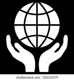 Global Hands vector icon. Style is flat symbol, white color, rounded angles, black background.