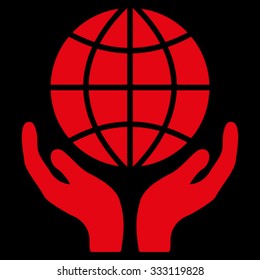 Global Hands vector icon. Style is flat symbol, red color, rounded angles, black background.