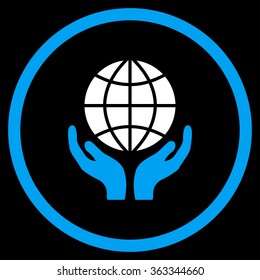 Global Hands vector icon. Style is bicolor flat circled symbol, blue and white colors, rounded angles, black background.