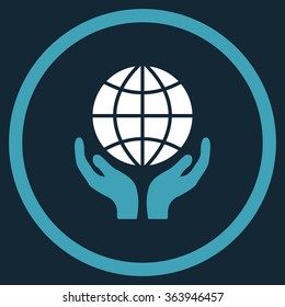 Global Hands vector icon. Style is bicolor flat circled symbol, blue and white colors, rounded angles, dark blue background.
