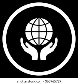 Global Hands vector icon. Style is flat circled symbol, white color, rounded angles, black background.