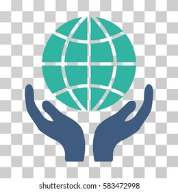 Global Hands vector pictogram. Illustration style is flat iconic bicolor cobalt and cyan symbol on a transparent background.