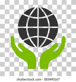 Global Hands vector pictograph. Illustration style is flat iconic bicolor eco green and gray symbol on a transparent background.