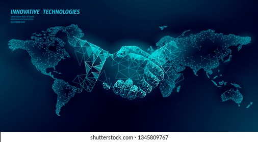 Global Handshake Business Agreement. Low Poly Polygonal Triangle Professional Work Planet Earth Partnership. Office Succsesfull Teamwork Vector Illustration