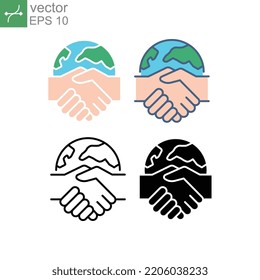 Global handshake sign for collaboration. International partners, global business, contract between international companies. Icon, global, international, world, partnership. Vector illustration. EPS10
