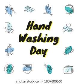 global handwash day supplies in doodle style vector illustration, ready to use