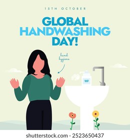 Global Handwashing Day. 15th October Handwashing day celebration banner with a women teaching personal hygiene. The day remind people about importance of hand hygiene as it is important for health.