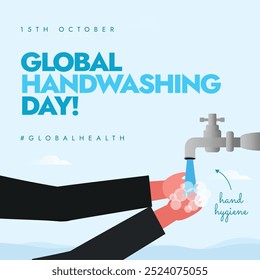 Día mundial del lavado de manos. 15 de octubre Anuncio de celebración del Día del Lavado de Manos con un niño lavándose las manos bajo el agua del grifo. El día recuerda a la gente sobre la importancia de la higiene de las manos para mantenerse saludables.