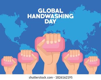 global handwashing day campaign with hands and soap bars in earth planet vector illustration design